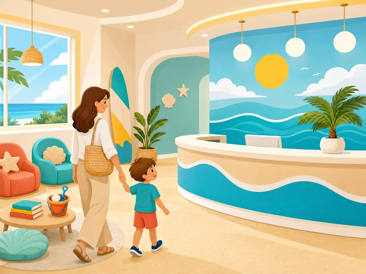 Illustration of the beach-themed reception area at Kids First Pediatric Dental Care, with a parent and child arriving