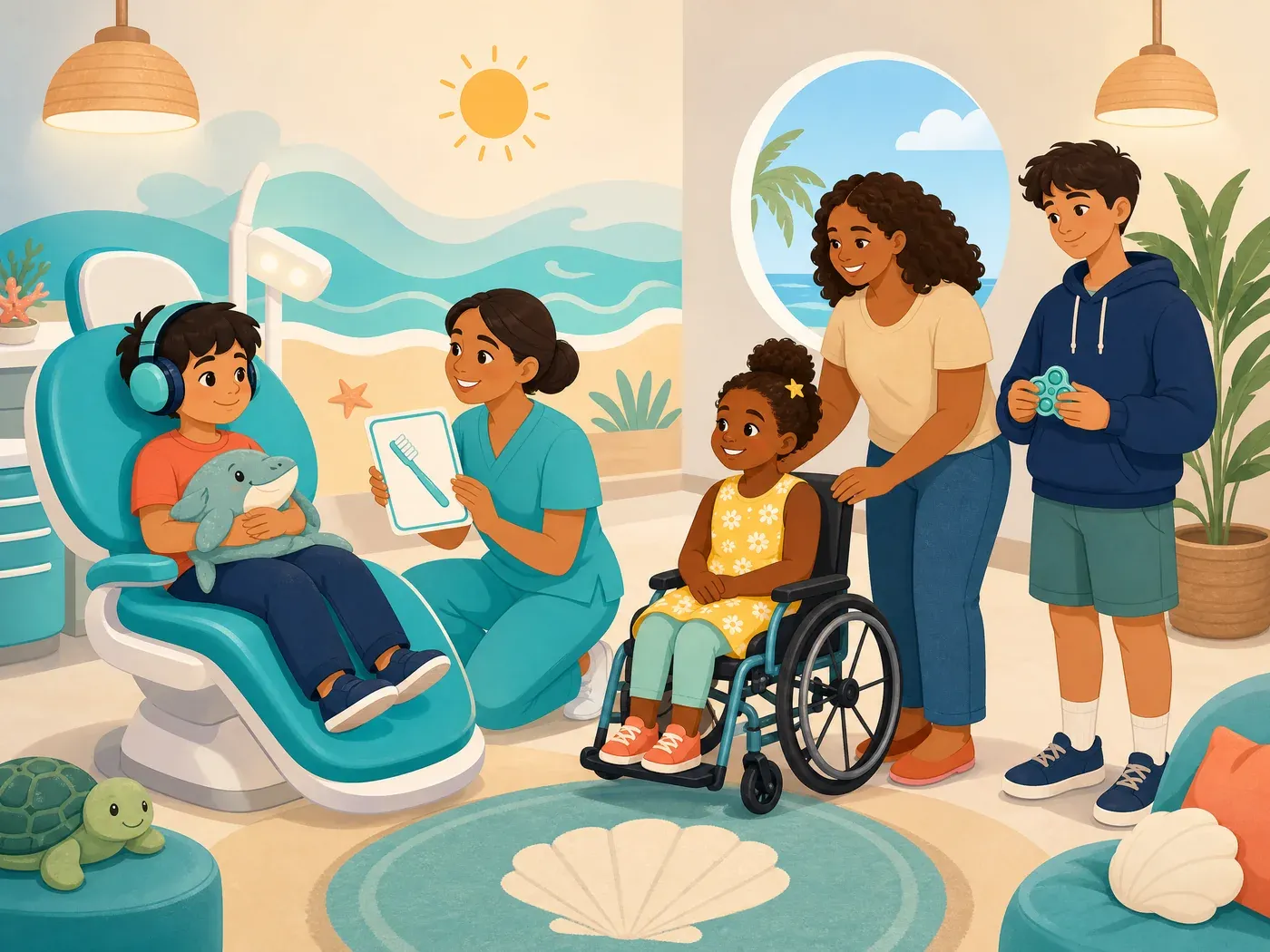 Illustration of a sensory-friendly pediatric dental visit with a child wearing noise-reducing headphones and a child who uses a wheelchair waiting comfortably
