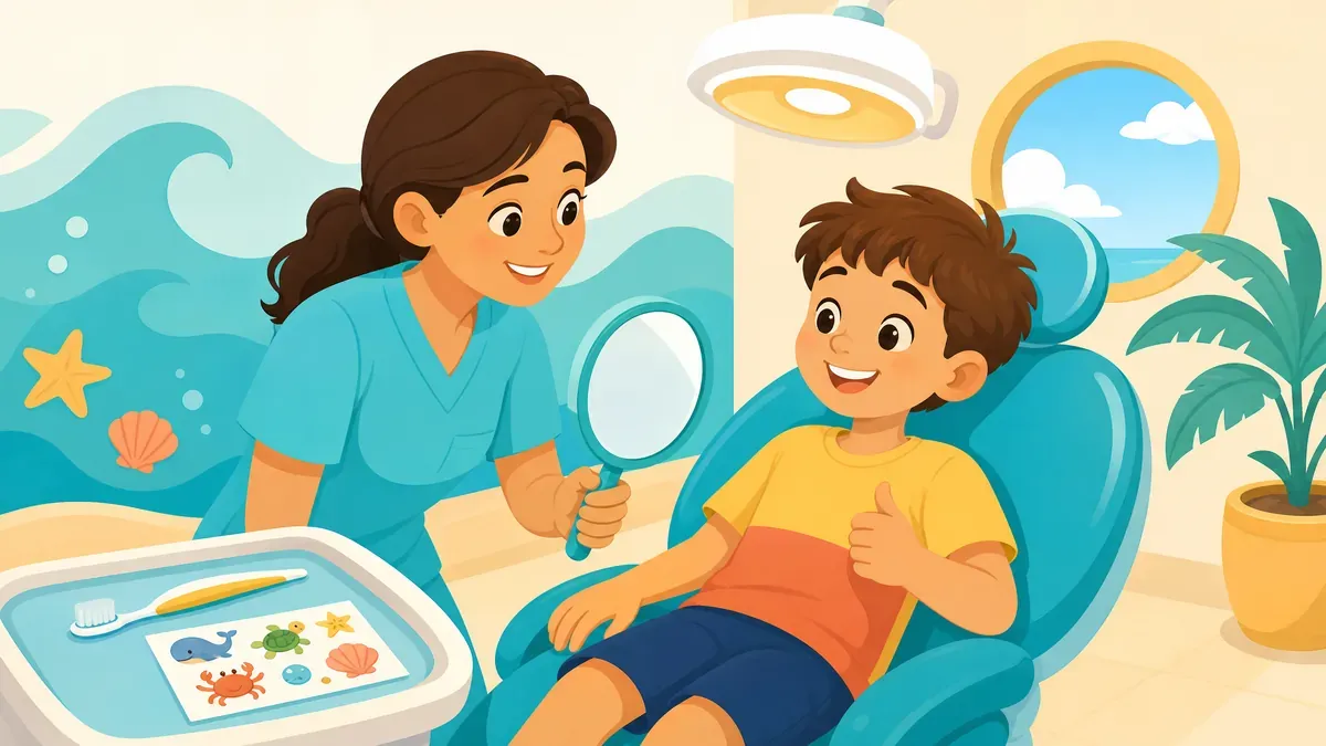 Illustration of a smiling child in a pediatric dental chair giving a thumbs-up while a team member holds a mirror at Kids First Pediatric Dental Care